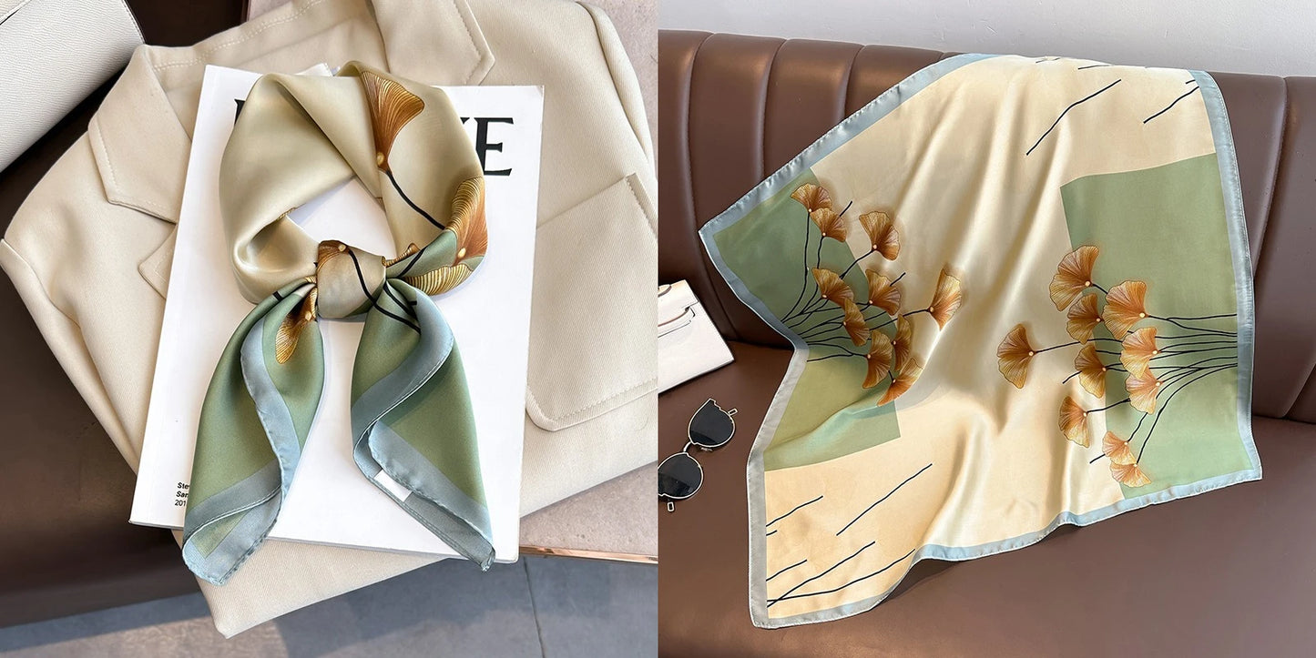 Luxury Floral Print Silk Square Scarf Women Soft Satin
