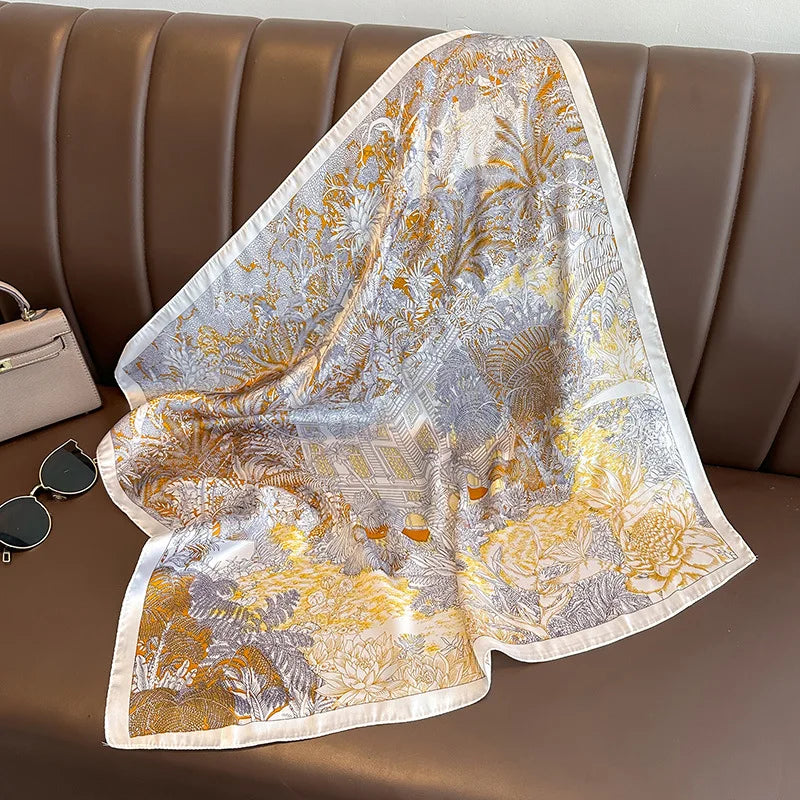 Luxury Floral Print Silk Square Scarf Women Soft Satin