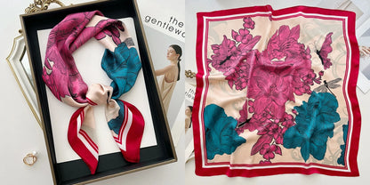 Luxury Floral Print Silk Square Scarf Women Soft Satin