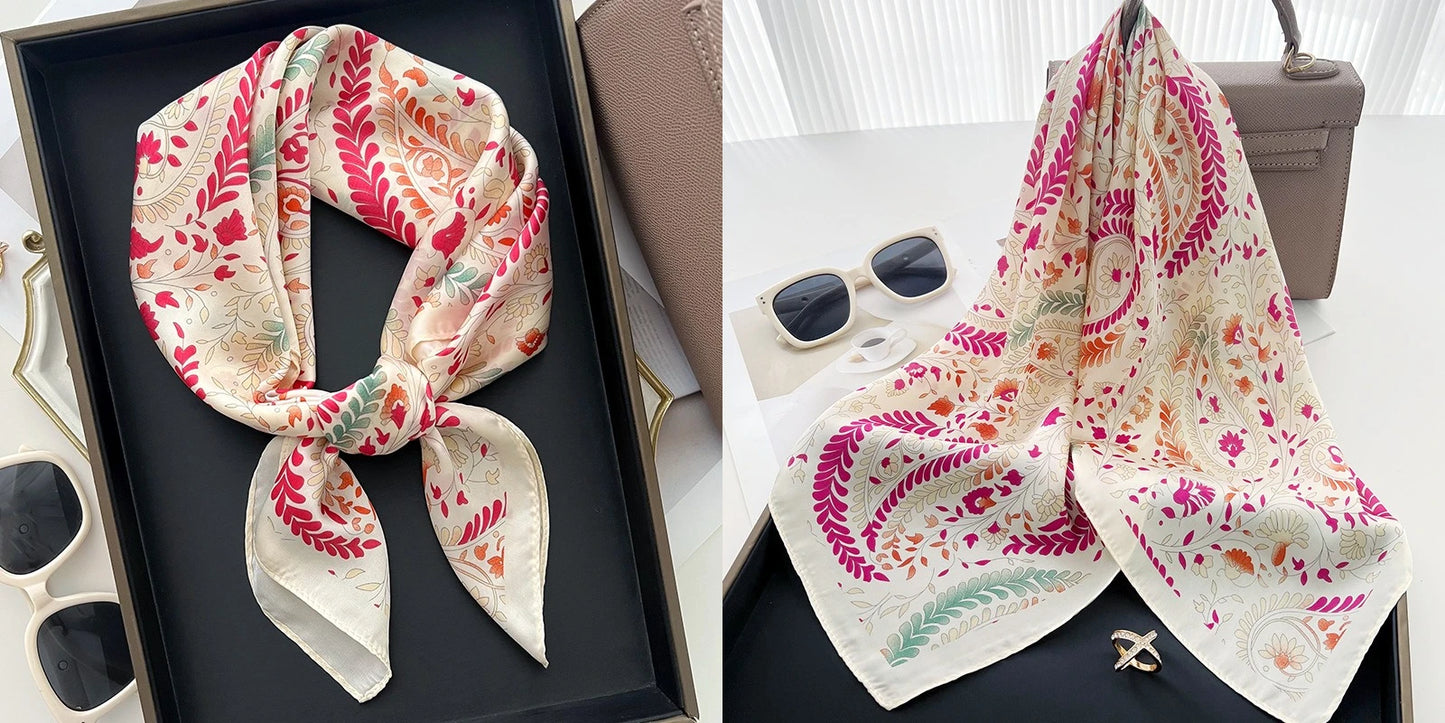 Luxury Floral Print Silk Square Scarf Women Soft Satin