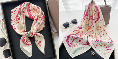 Luxury Floral Print Silk Square Scarf Women Soft Satin
