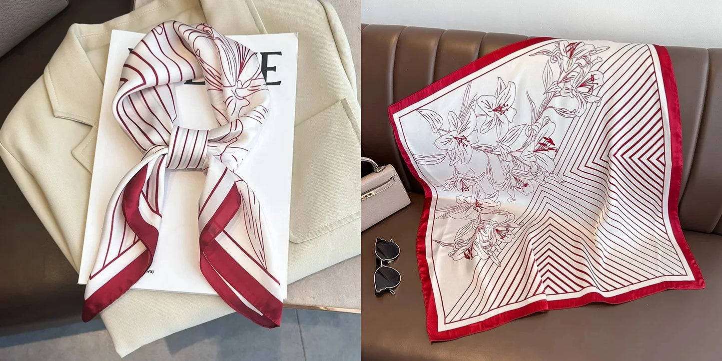 Luxury Floral Print Silk Square Scarf Women Soft Satin
