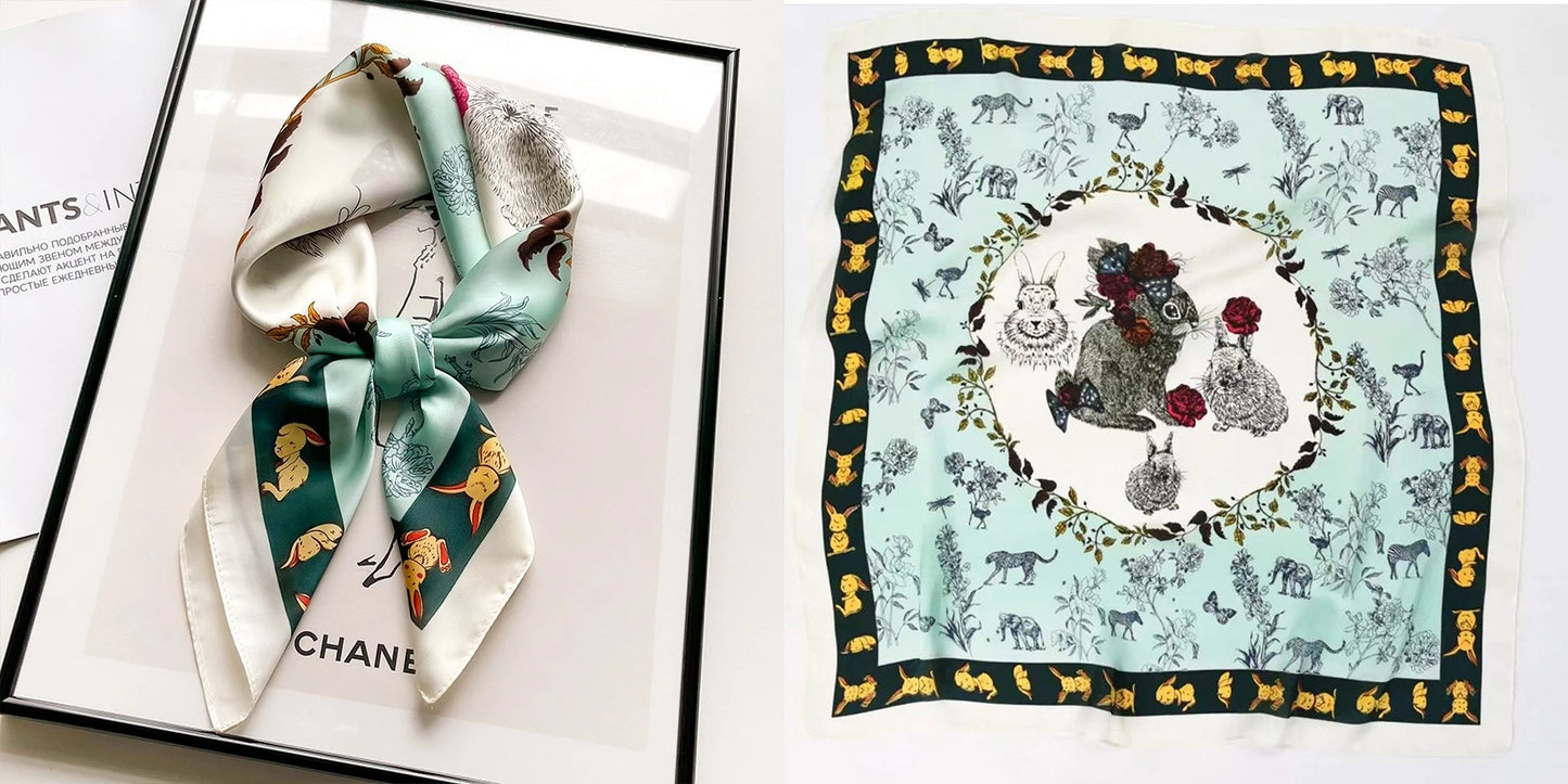 Luxury Floral Print Silk Square Scarf Women Soft Satin