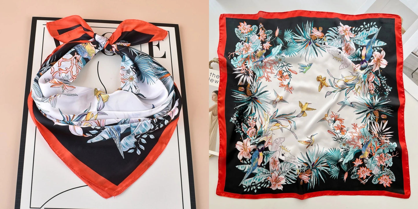 Luxury Floral Print Silk Square Scarf Women Soft Satin
