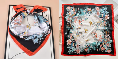 Luxury Floral Print Silk Square Scarf Women Soft Satin