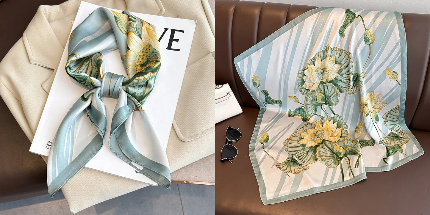 Luxury Floral Print Silk Square Scarf Women Soft Satin