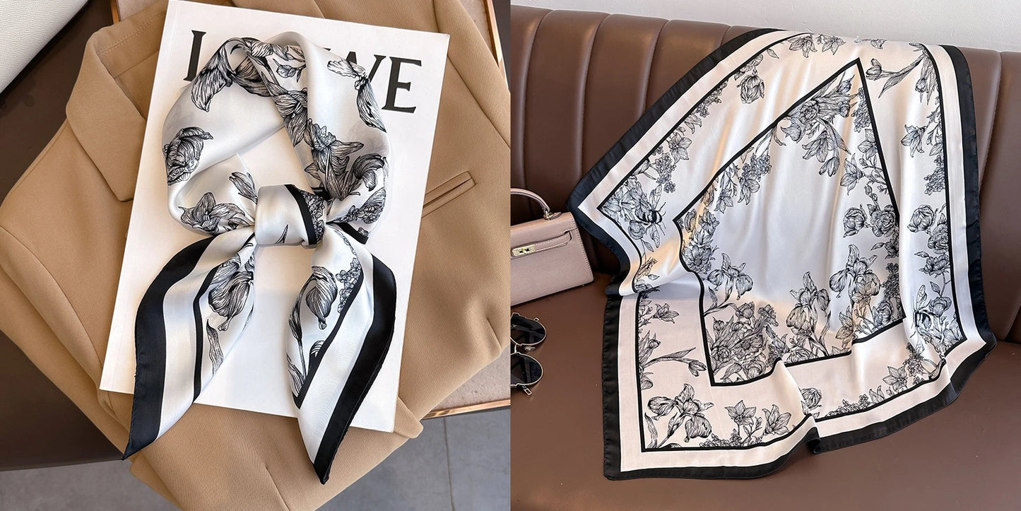 Luxury Floral Print Silk Square Scarf Women Soft Satin