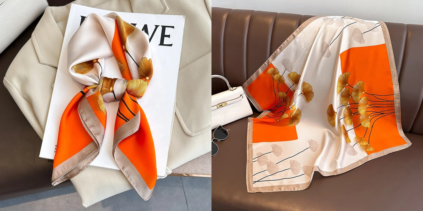 Luxury Floral Print Silk Square Scarf Women Soft Satin