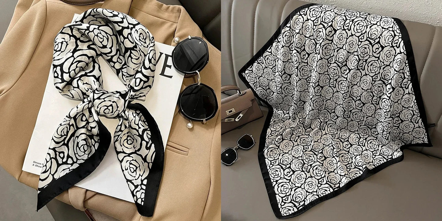 Luxury Floral Print Silk Square Scarf Women Soft Satin