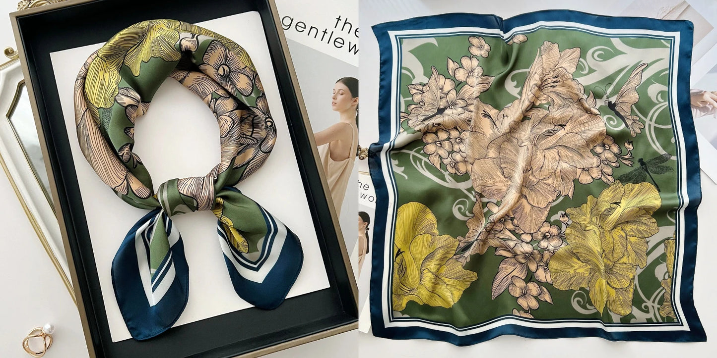 Luxury Floral Print Silk Square Scarf Women Soft Satin