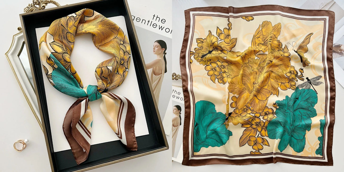 Luxury Floral Print Silk Square Scarf Women Soft Satin