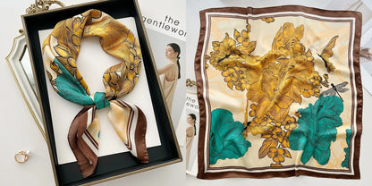 Luxury Floral Print Silk Square Scarf Women Soft Satin