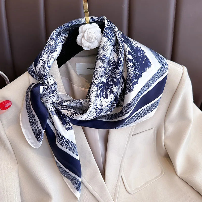 Luxury Floral Print Silk Square Scarf Women Soft Satin