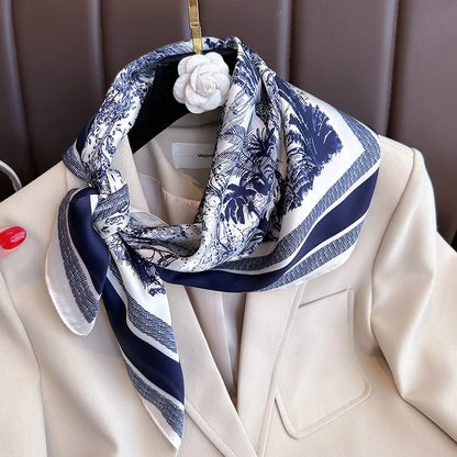 Luxury Floral Print Silk Square Scarf Women Soft Satin