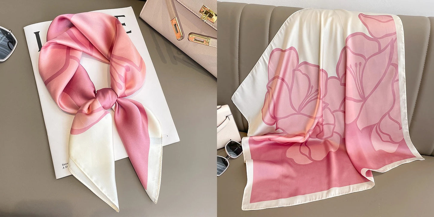 Luxury Floral Print Silk Square Scarf Women Soft Satin