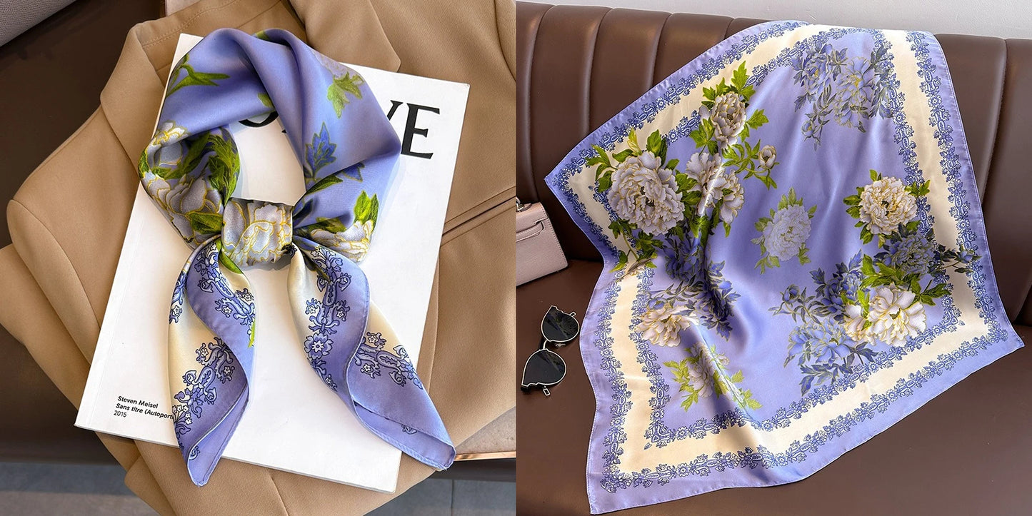 Luxury Floral Print Silk Square Scarf Women Soft Satin