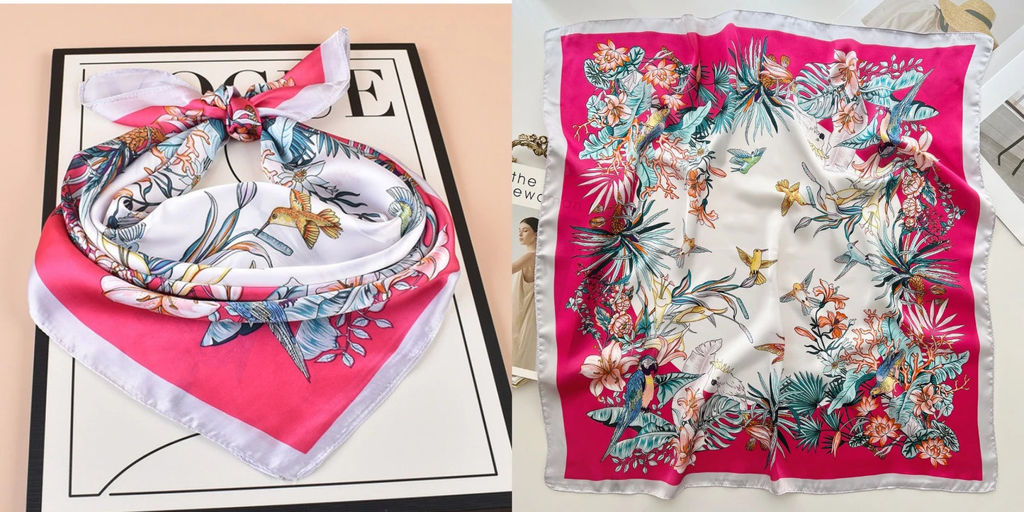 Luxury Floral Print Silk Square Scarf Women Soft Satin