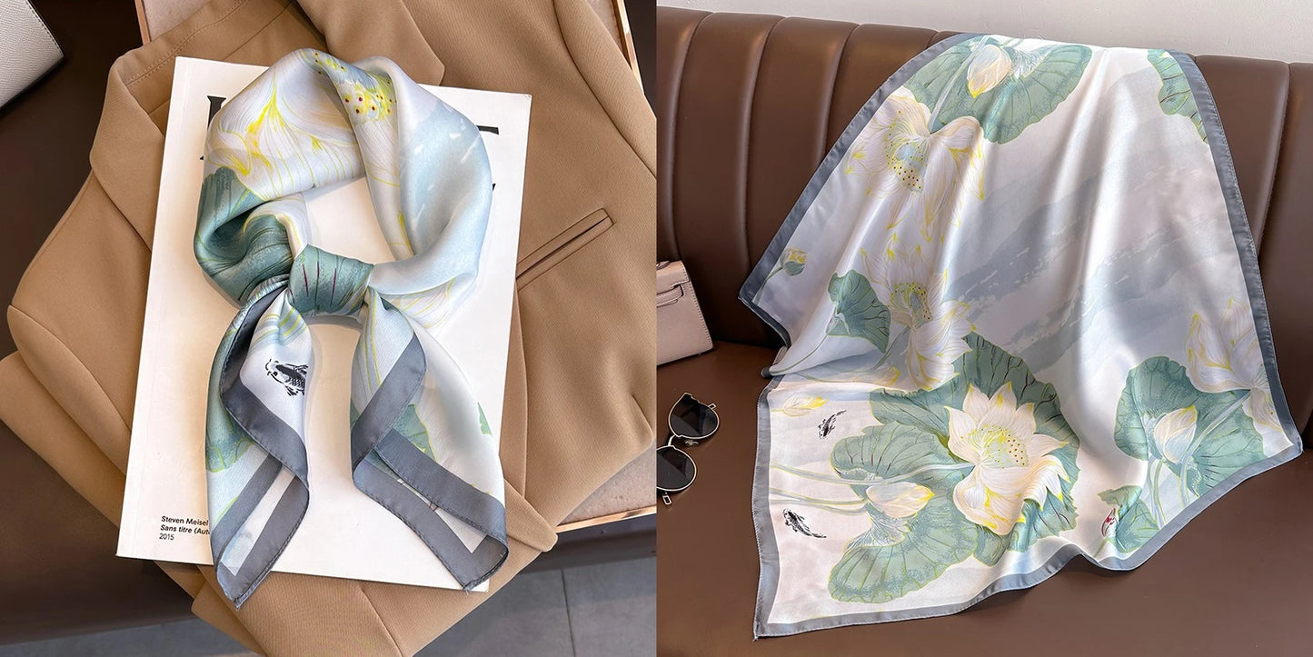 Luxury Floral Print Silk Square Scarf Women Soft Satin