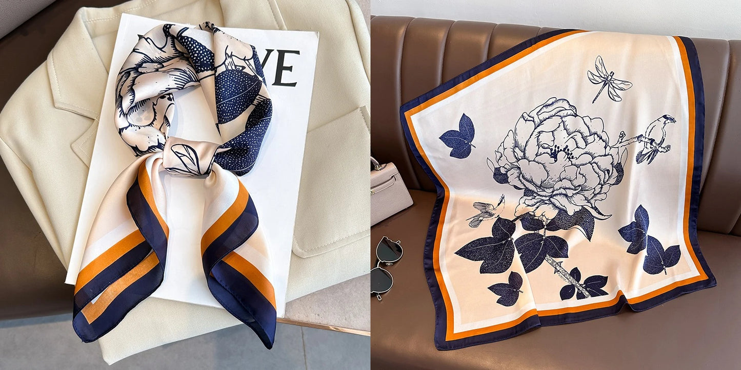 Luxury Floral Print Silk Square Scarf Women Soft Satin