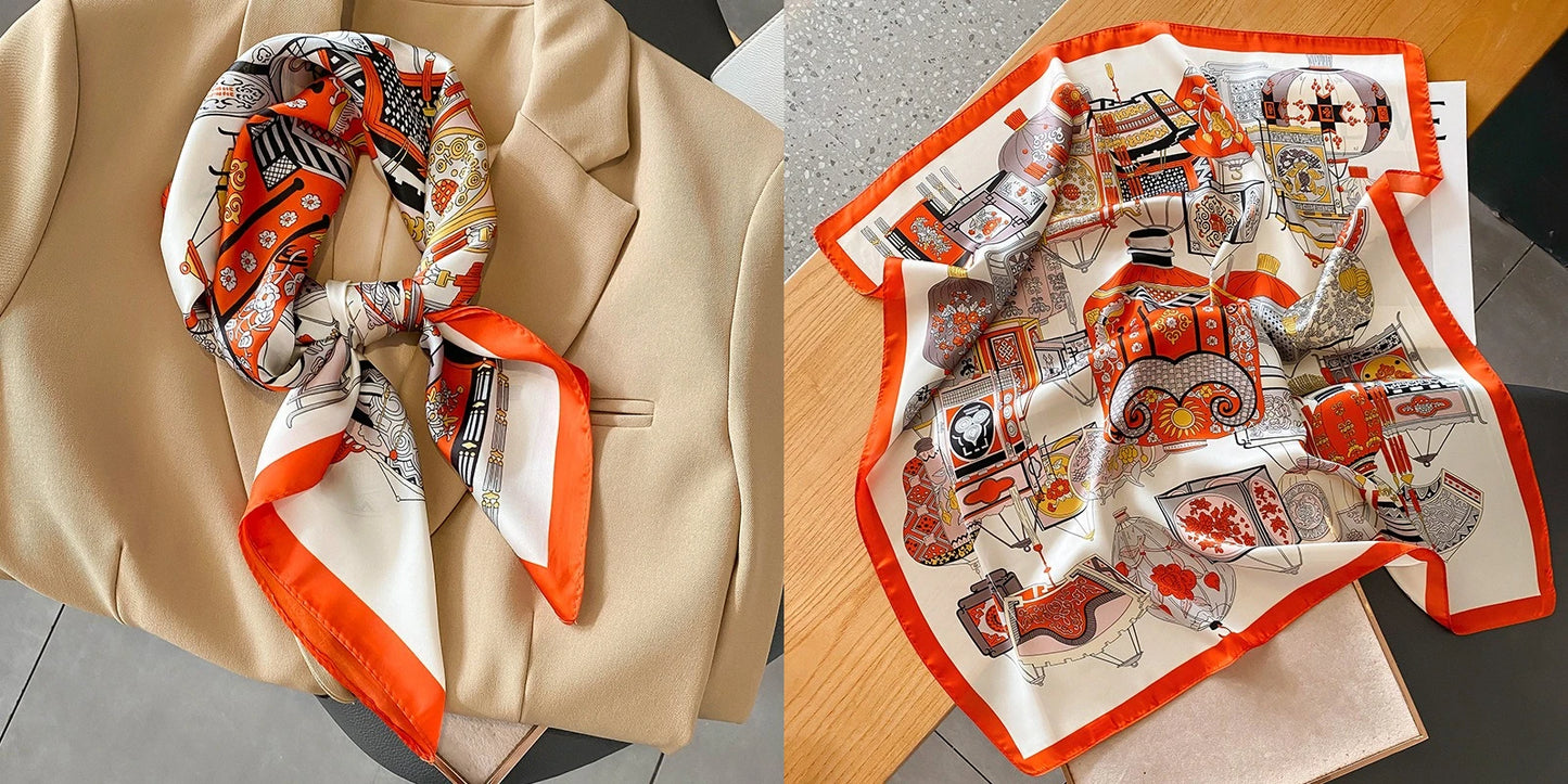 Luxury Floral Print Silk Square Scarf Women Soft Satin