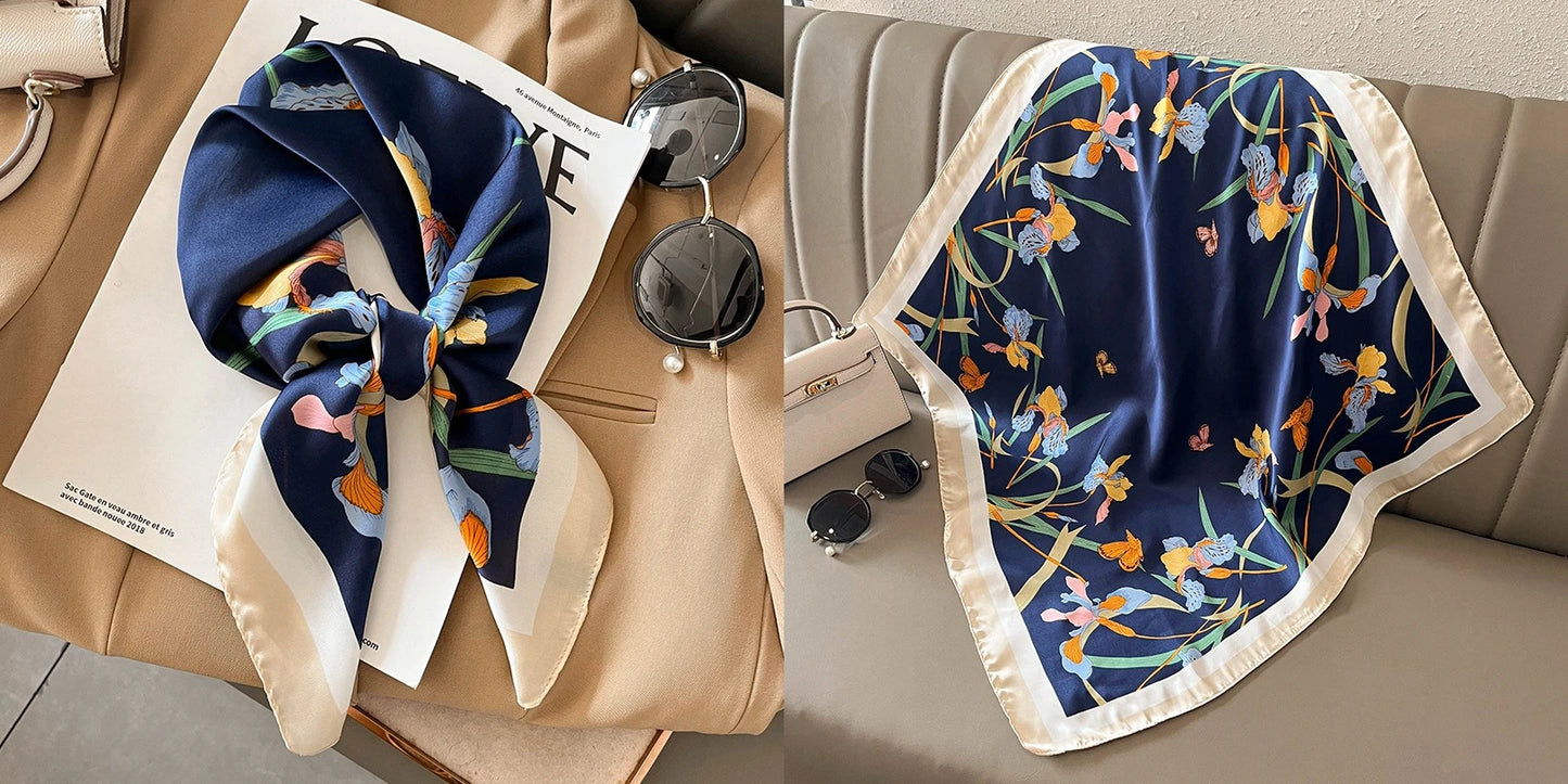 Luxury Floral Print Silk Square Scarf Women Soft Satin
