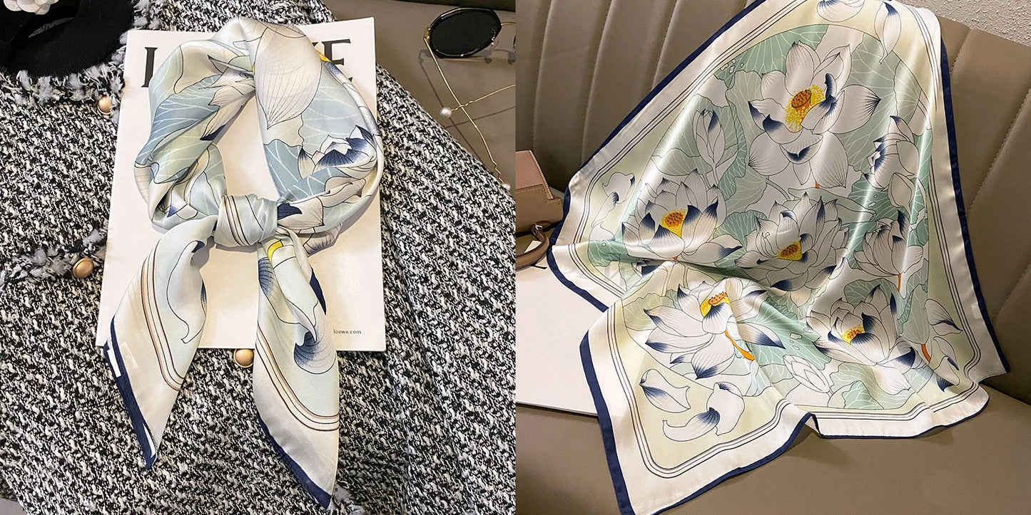 Luxury Floral Print Silk Square Scarf Women Soft Satin