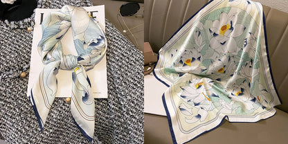Luxury Floral Print Silk Square Scarf Women Soft Satin