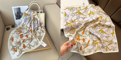 Luxury Floral Print Silk Square Scarf Women Soft Satin