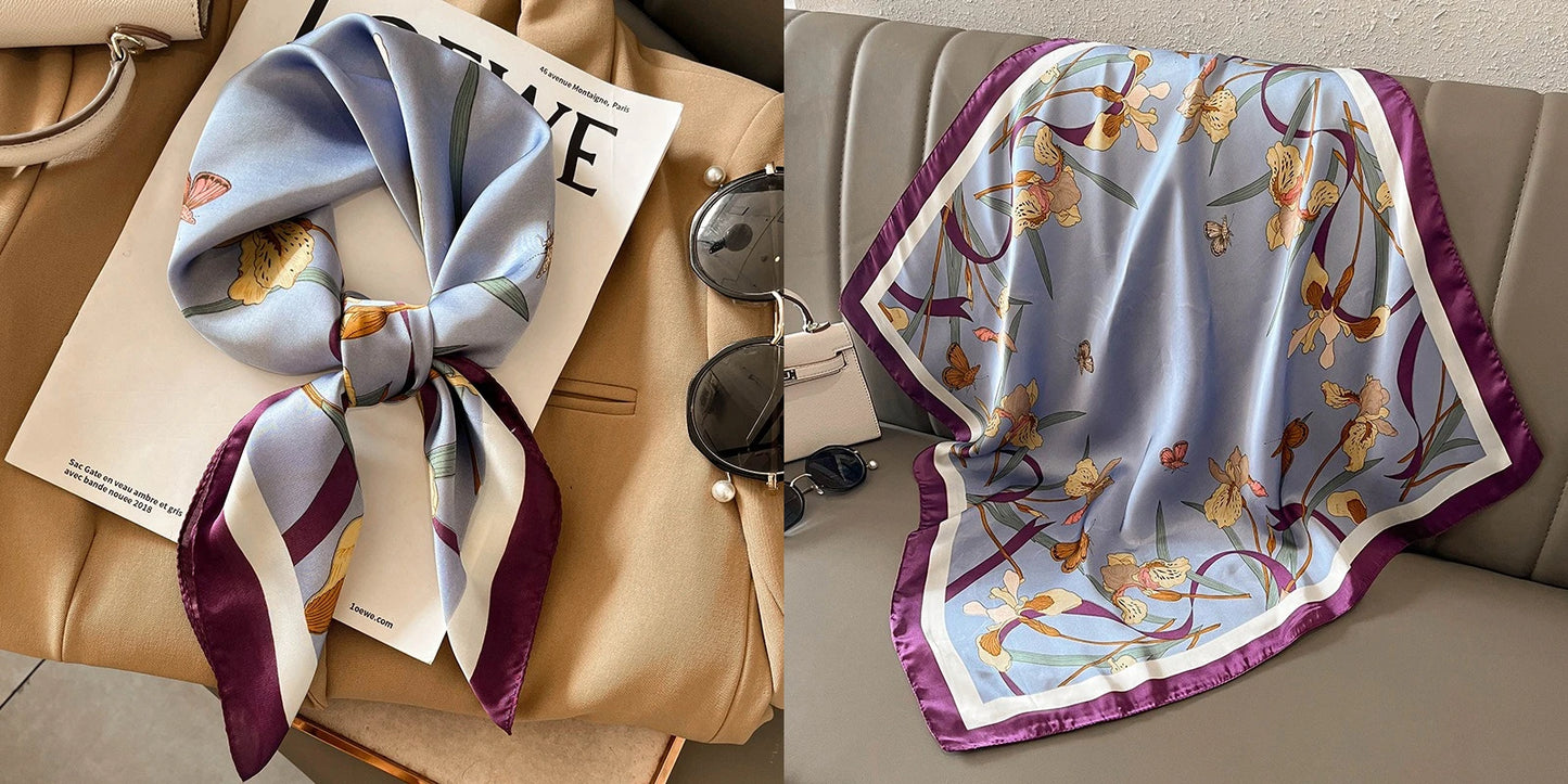 Luxury Floral Print Silk Square Scarf Women Soft Satin