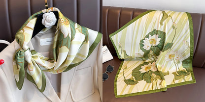 Luxury Floral Print Silk Square Scarf Women Soft Satin