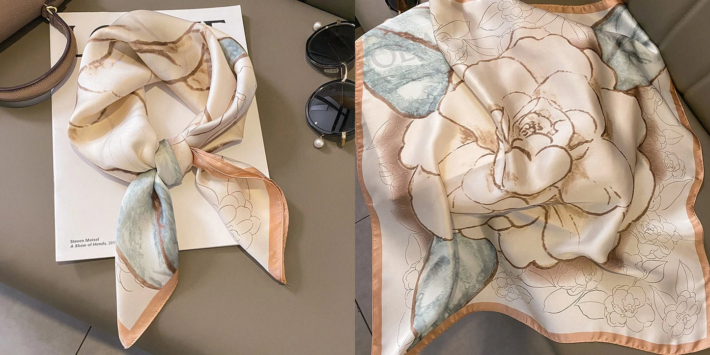 Luxury Floral Print Silk Square Scarf Women Soft Satin