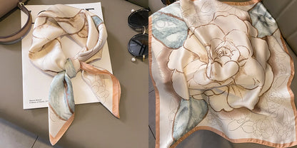 Luxury Floral Print Silk Square Scarf Women Soft Satin