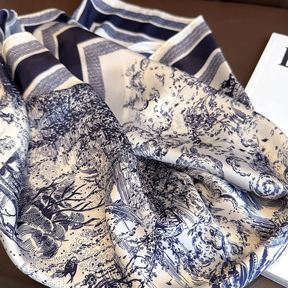 Luxury Floral Print Silk Square Scarf Women Soft Satin