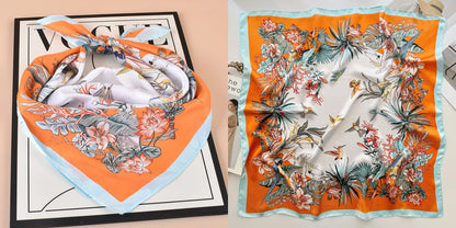 Luxury Floral Print Silk Square Scarf Women Soft Satin