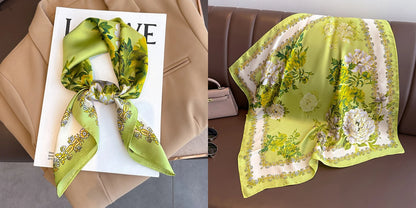 Luxury Floral Print Silk Square Scarf Women Soft Satin