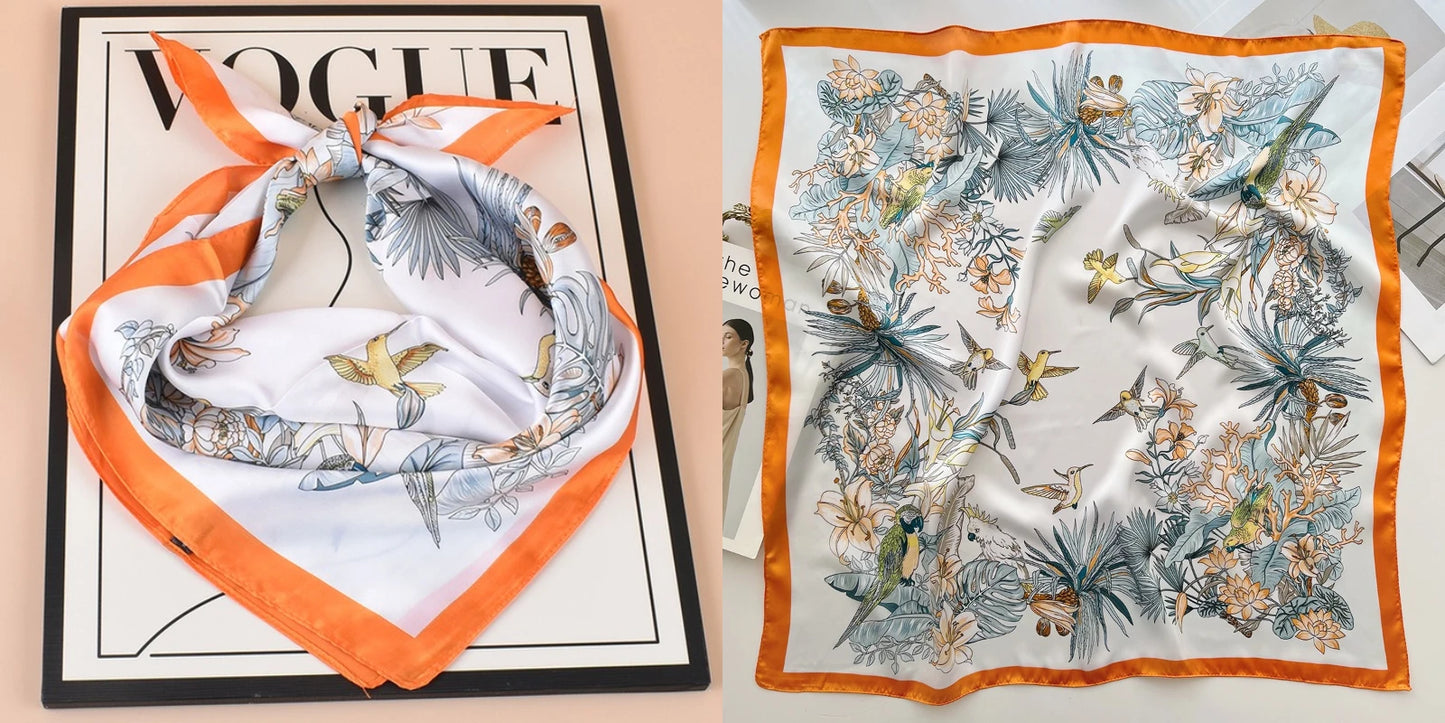 Luxury Floral Print Silk Square Scarf Women Soft Satin