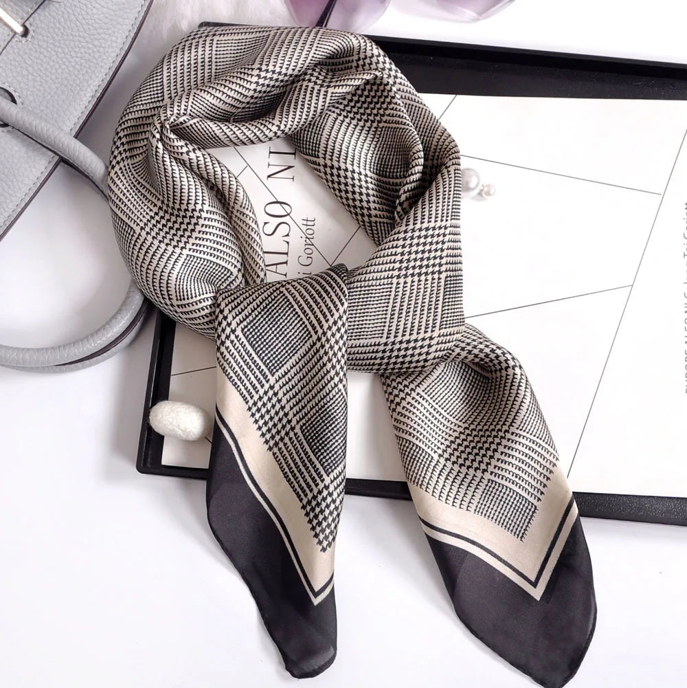 Luxury Floral Print Silk Square Scarf Women Soft Satin