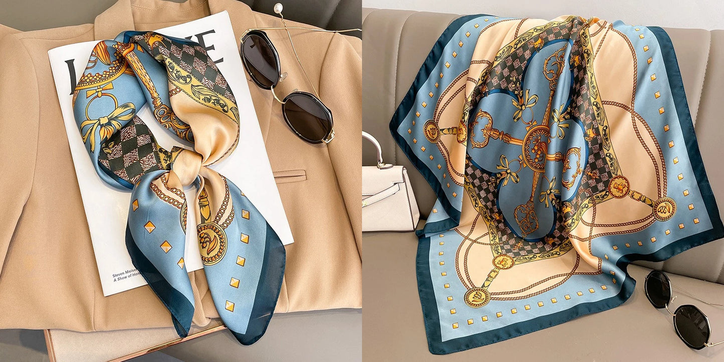 Luxury Floral Print Silk Square Scarf Women Soft Satin