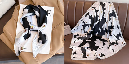 Luxury Floral Print Silk Square Scarf Women Soft Satin