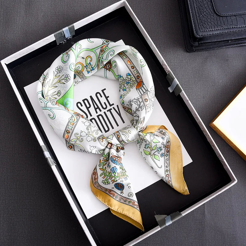 Luxury Floral Print Silk Square Scarf Women Soft Satin