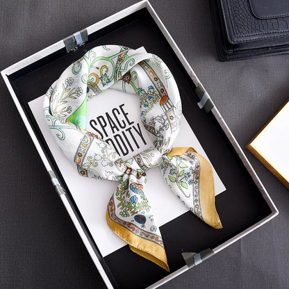 Luxury Floral Print Silk Square Scarf Women Soft Satin