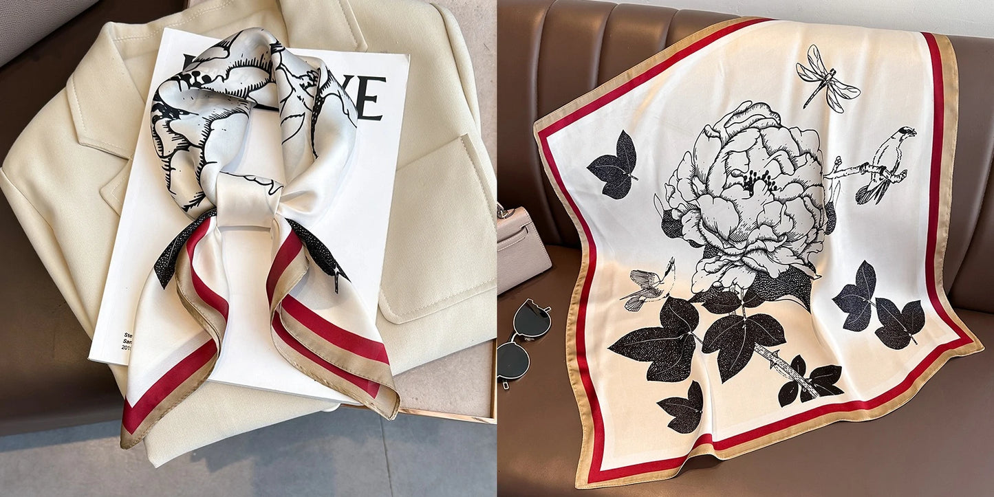 Luxury Floral Print Silk Square Scarf Women Soft Satin