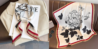 Luxury Floral Print Silk Square Scarf Women Soft Satin