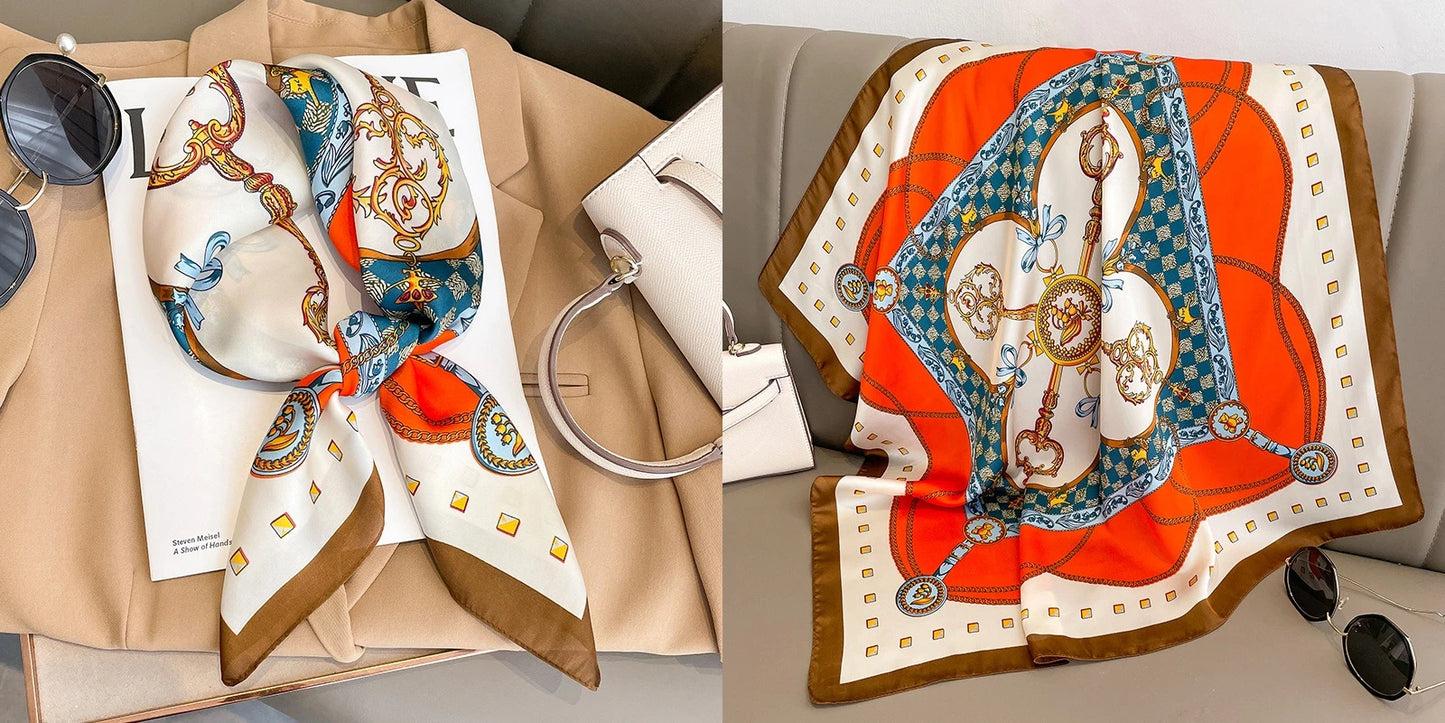 Luxury Floral Print Silk Square Scarf Women Soft Satin
