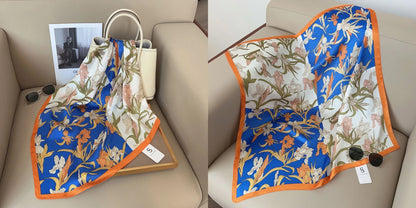 Luxury Floral Print Silk Square Scarf Women Soft Satin