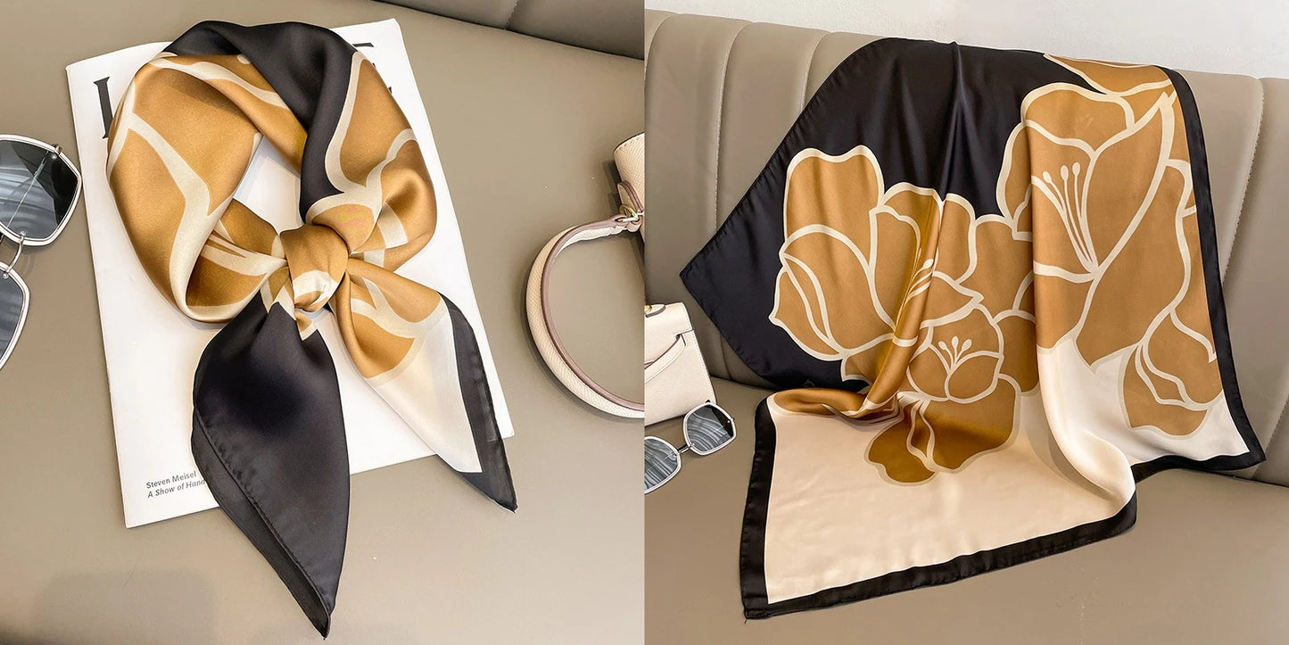 Luxury Floral Print Silk Square Scarf Women Soft Satin