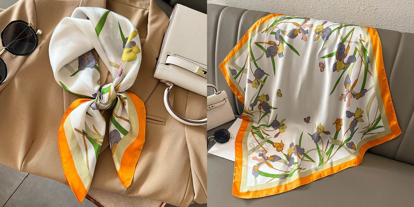 Luxury Floral Print Silk Square Scarf Women Soft Satin