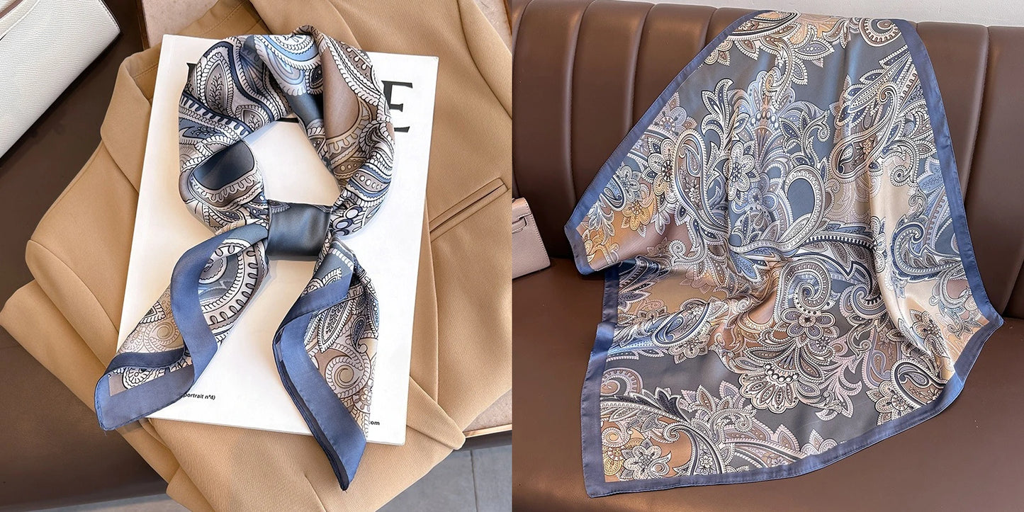 Luxury Floral Print Silk Square Scarf Women Soft Satin