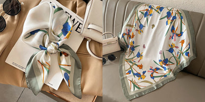 Luxury Floral Print Silk Square Scarf Women Soft Satin