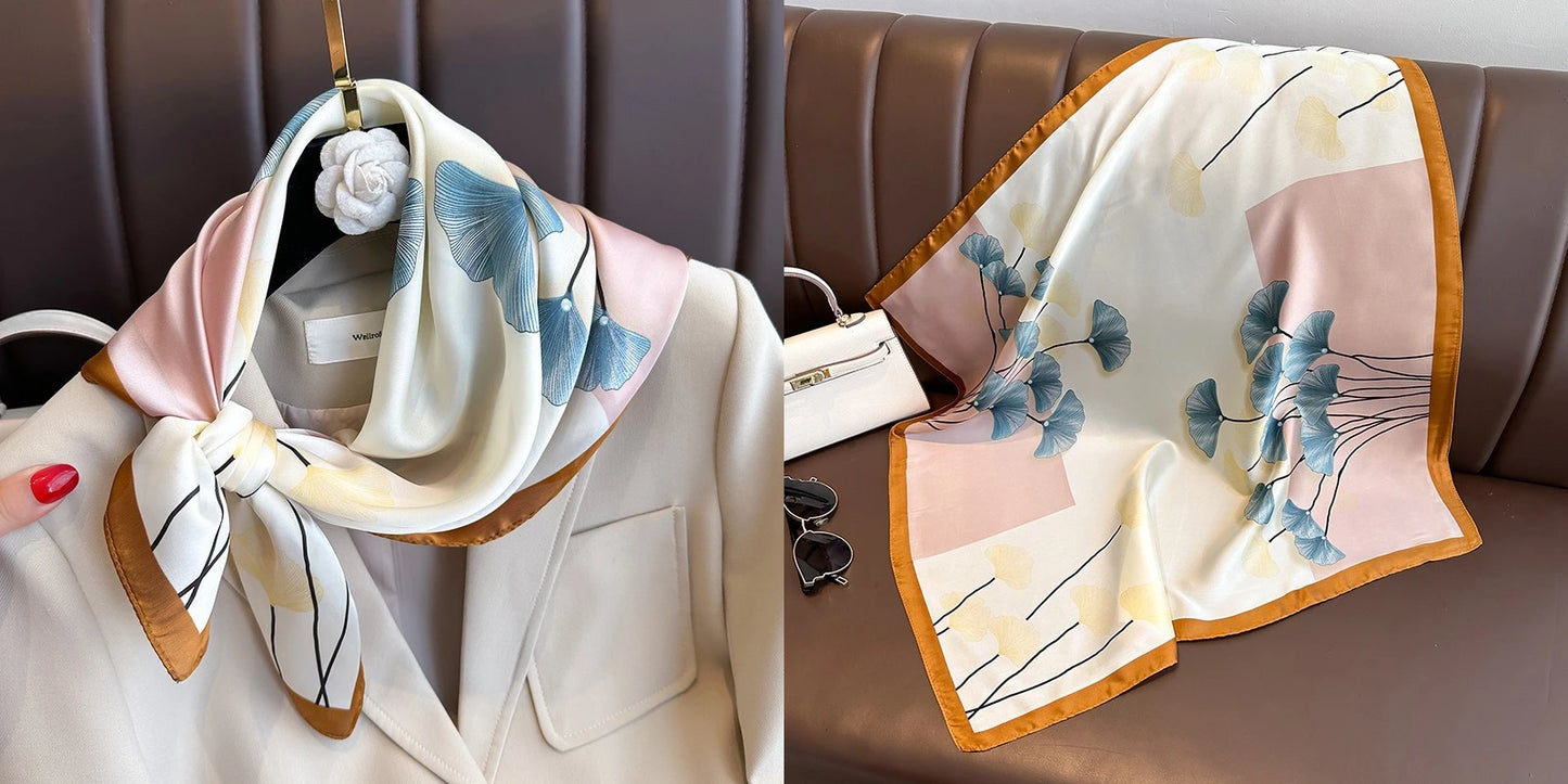 Luxury Floral Print Silk Square Scarf Women Soft Satin